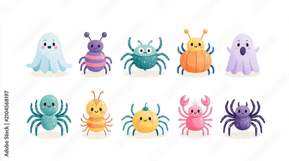 Obraz premium Colorful, cartoon-style sea creatures including crabs, octopuses, and a spider.