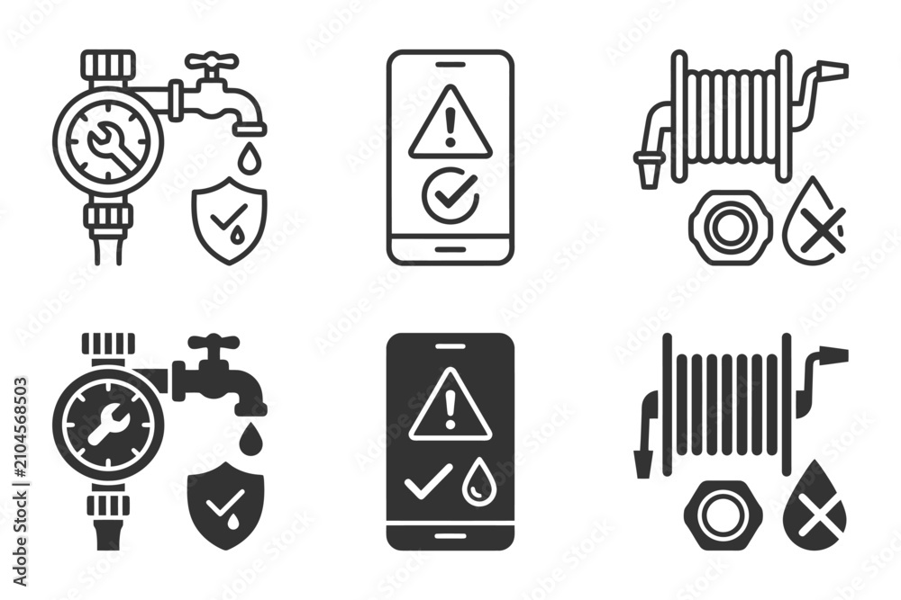 Fototapeta premium Water leak icons with smartphone alerts and plumbing tools.