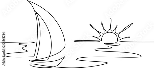 Sailboat in sea with Sun. Continuous one line drawing