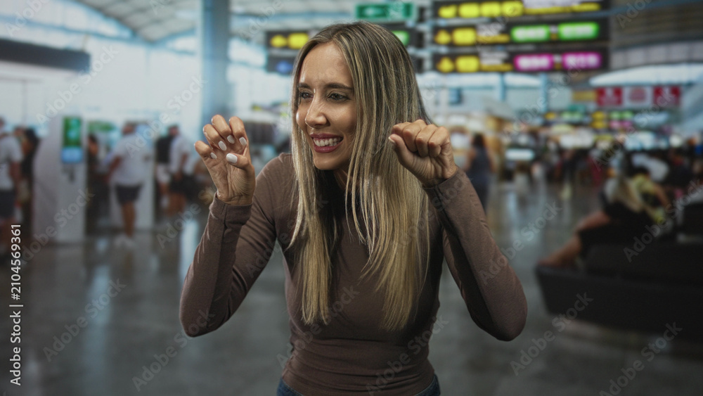 Fototapeta premium Woman with hands raised and open palms in busy airport terminal, smiling directly at camera while leaning slightly forward; playful travel greeting.