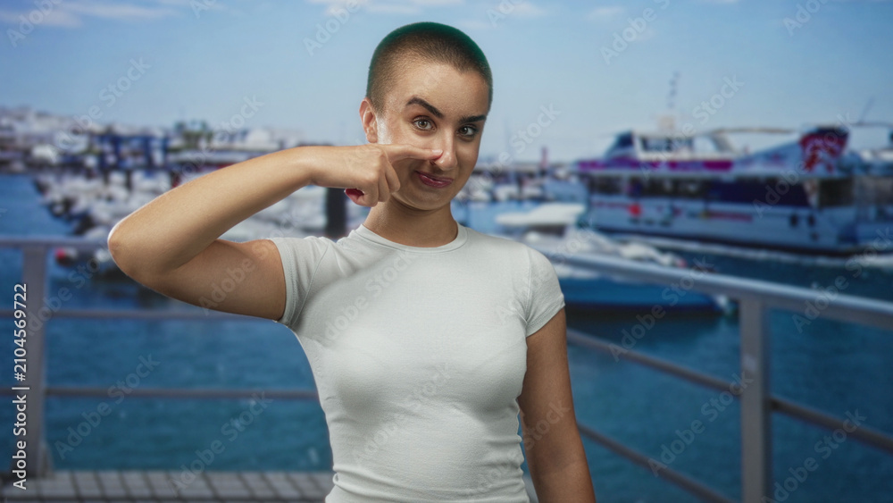 Fototapeta premium Young woman points finger to nose on a marina pier in a studio setting wearing white t shirt; playful confidence.