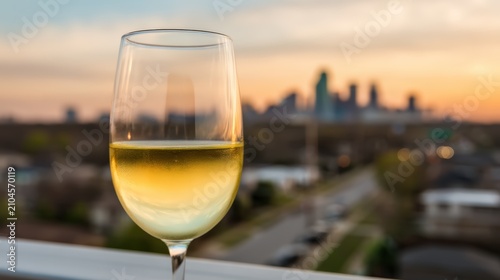 A glass of white wine is held up against a blurred city skyline at sunset, creating a warm and relaxed ambiance.