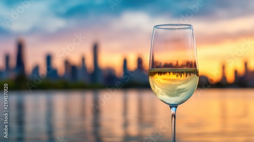 A wine glass filled with white wine reflects a city skyline at sunset, with a blurred urban background and calm water in the foreground.