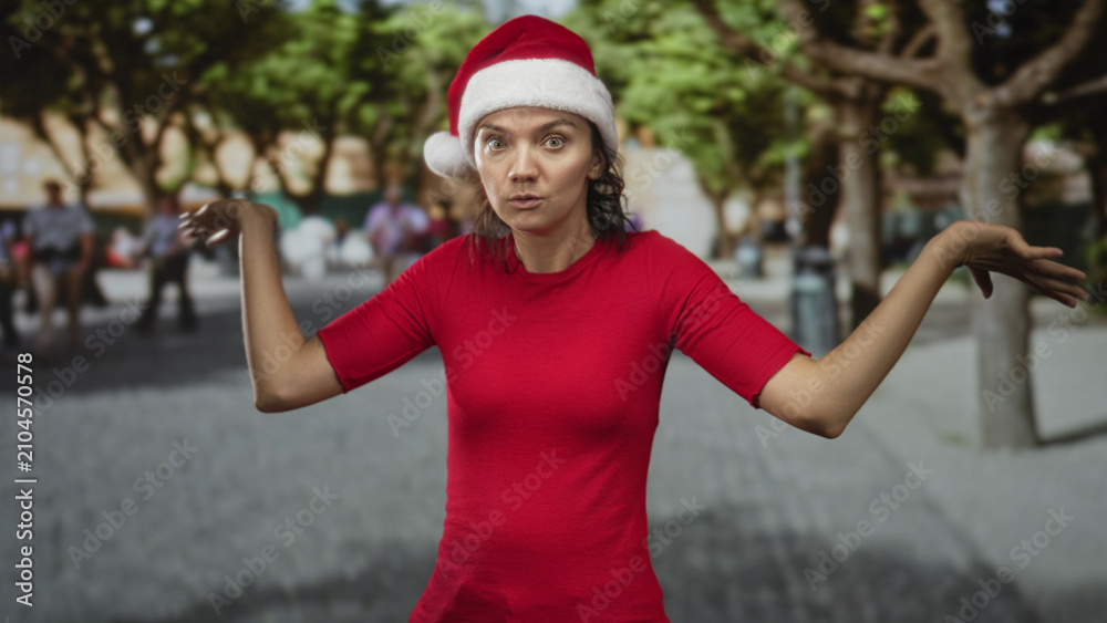 Fototapeta premium Woman wearing santa hat shrugs with palms up on a street plaza amid trees and pedestrians; holiday confusion.