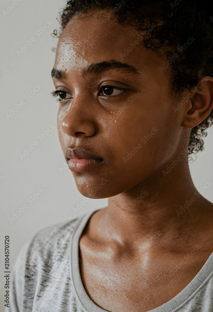 Obraz premium Young african american woman with sweat on her face and neck after intense physical activity or workout