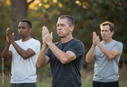Diverse group of men practi...