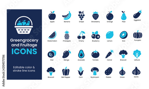 Schilderij op canvas Greengrocery and fruitage vector icon set in blue color, featuring healthy organ
