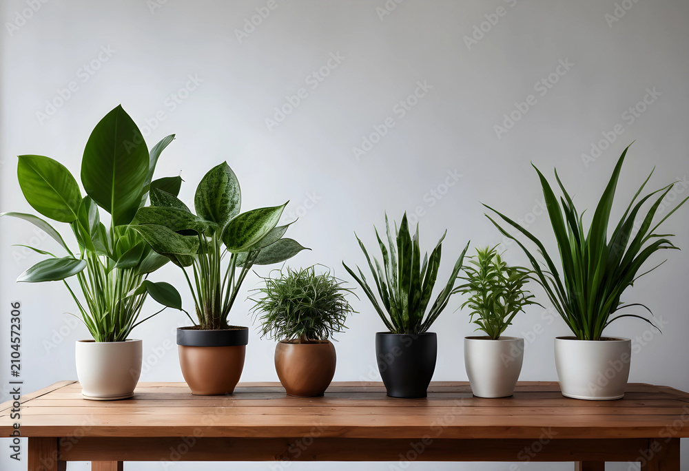 Fototapeta premium Six diverse houseplants in pots on wooden table indoors
