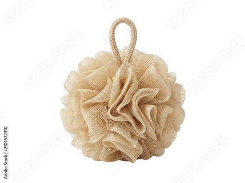 Beige bath sponge loofah for body washing and exfoliating in the shower