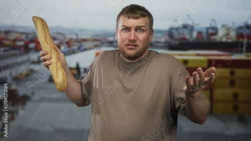Obraz na płótnie Man holding baguette shrugs palms up at port docks and presses hand to face in a cramped gesture; absurd everyday confusion