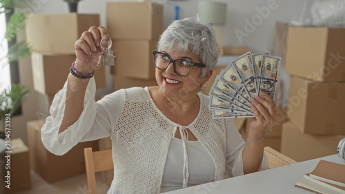 Foto Woman holding house keys aloft and fanning a stack of us dollar bills, smiling toward camera amid cardboard moving boxes inside building; home sale celebration