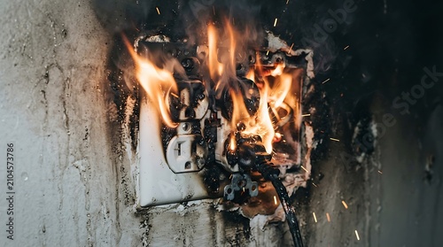 Burning electrical outlet with intense flames and black smoke causing home fire hazard and emergency situation