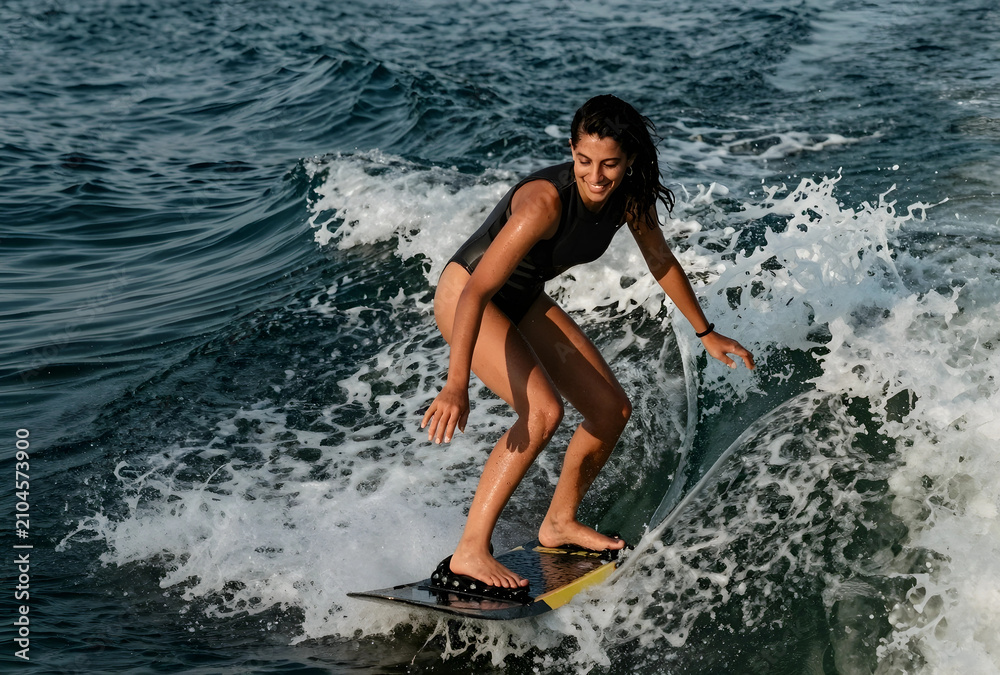 Fototapeta premium Young woman wakeboarding on ocean wave