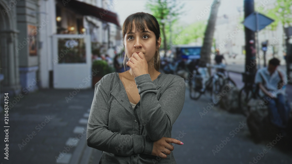 Fototapeta premium Woman with folded arms and visible hands standing on a city street near storefront and bicycles; pensive concern.