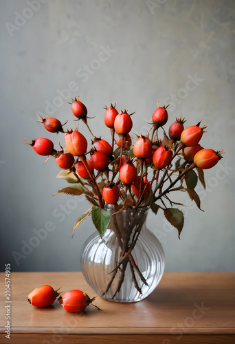 Rose hips in a glass vase o...