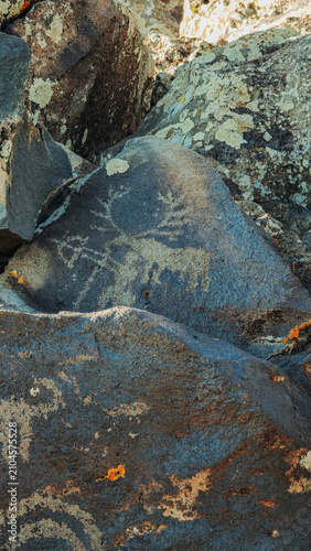 Konstfotografi Ancient Rock Petroglyph Carving of Horned Animal on Weathered Stone Surface