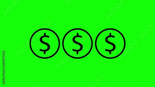 Three Dollar Coins Line Icon Animation on Green Screen Background