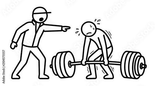 Stick figure weightlifting illustration, angry coach shouting at tired athlete, heavy barbell deadlift exercise, gym personal training concept
