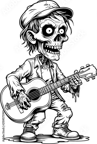 Funny zombie with a musical instrument. Stylish lines and a clear outline create an expressive image. A great option for coloring books and art books.