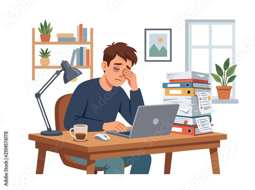 Fotografía Flat style vector illustration of an exhausted office worker overwhelmed by paperwork and deadlines at a cluttered desk