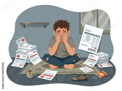 Quadro su tela Flat style vector illustration of a distressed man surrounded by unpaid documents and bills
