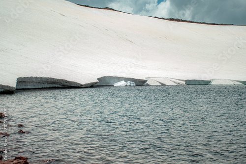 High Altitude Crater Lake with Melting Snow Shelf and Turquoise Water Edge