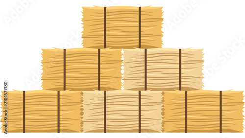 Stacked hay bales for farm harvest. Golden straw blocks for agriculture and autumn decor.