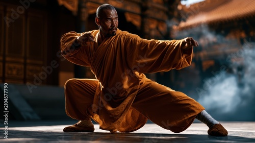 Shaolin monk in dynamic kung fu pose inside ancient temple, with incense smoke and vibrant orange robes, embodying discipline and tradition.