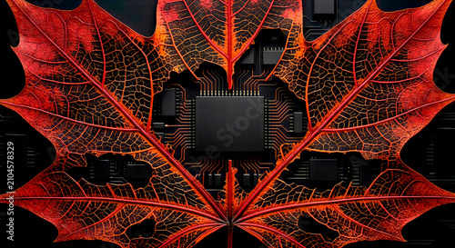 Microchip Inside Autumn Maple Leaf Concept