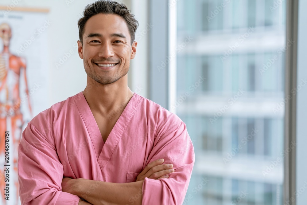 Obraz premium Smiling male nurse in pink scrubs professional portrait for healthcare website banner staff profile and medical recruitment materials