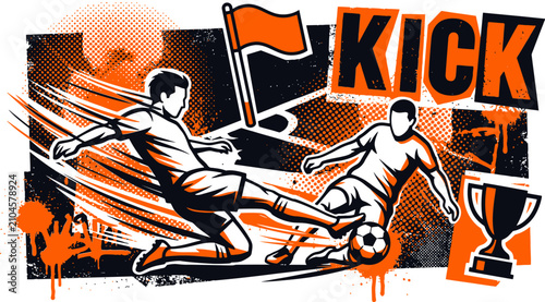 Foto Dynamic soccer kick vector illustration, urban grunge football players with ball
