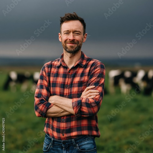 Dairy farm portrait of a smiling male farmer in a plaid shirt standing in pasture for agricultural banner and website background
