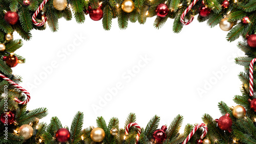Christmas Evergreen Border with Red and Gold Ornaments, Pinecones and Copy Space