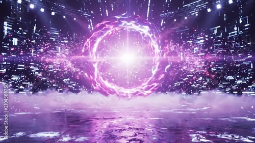 Glowing pink energy ring in dark futuristic hall.