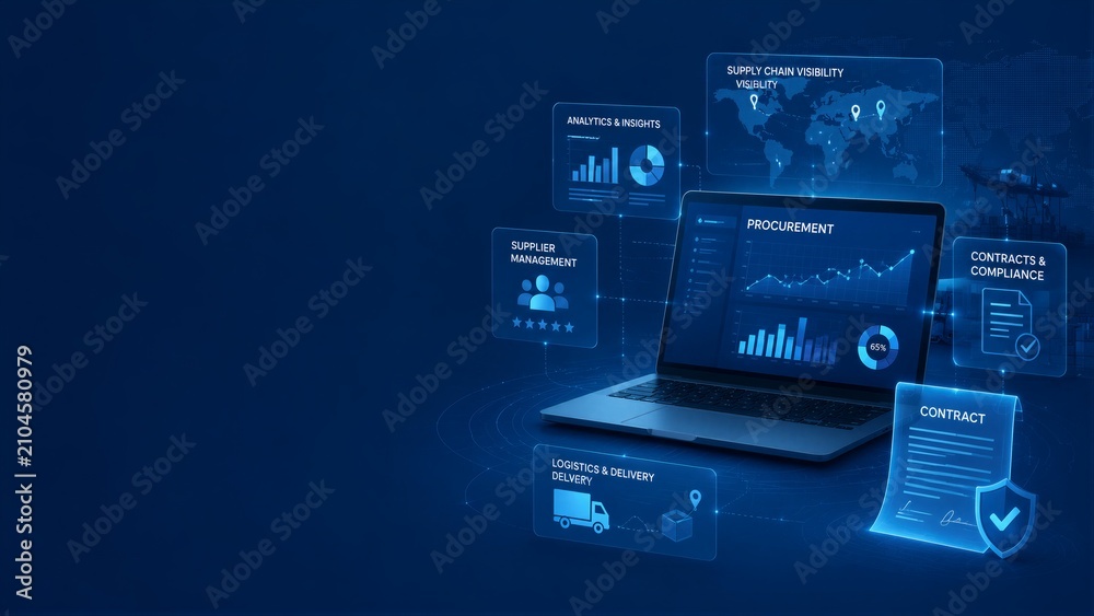 Naklejka premium Laptop displaying supply chain analytics and procurement dashboard