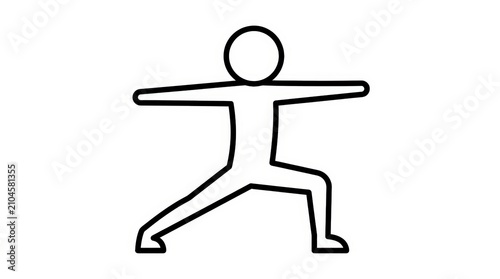 Minimalist yoga stick figure icon, simple black outline warrior pose illustration, zen fitness and wellness symbol on white background