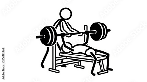 Minimalist stick figure bench press illustration, athlete lifting barbell on gym bench, black and white fitness exercise icon for workout training