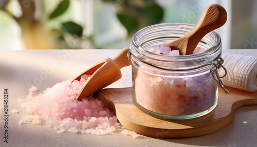 soothing bath salts with a wooden scoop in a clear jar ideal for relaxation and self care