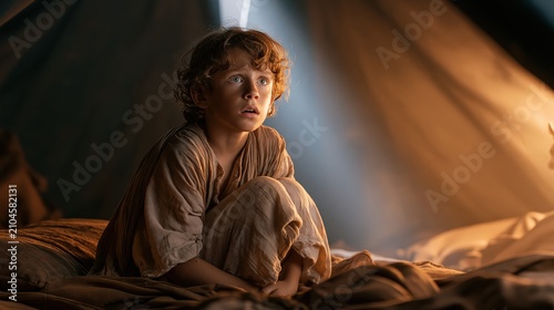 Young Samuel sitting upright in bed after hearing God's voice in the tabernacle under moonlight during a sacred night encounter.
