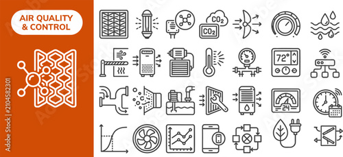 Bild auf Leinwand Air quality and ventilation control outline icon set featuring air filter, co2 sensor, thermostat, humidity gauge, and exhaust fan symbols