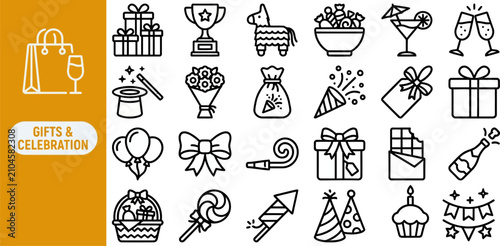 Tableau sur toile Gift and celebration outline icon set containing gift box, trophy, pinata, cocktail, and champagne symbols
