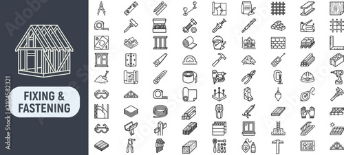 Fixing and fastening outline icon set with screw, hammer, hinge, measuring tape, and drill symbols. Editable vector icons for carpentry, hardware, and home renovation design.