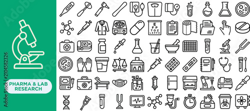 Obraz na płótnie Pharmaceutical and lab research outline icon set containing microscope, test tube, petri dish, pipette, and pill blister symbols