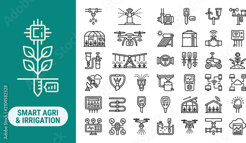 Konstfotografi Smart agriculture and irrigation outline icon set containing drip emitter, sprinkler, soil sensor, greenhouse, and agri drone symbols