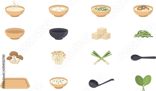 Foto Minimalist flat vector Japanese soup icons featuring miso, mushrooms, scallions,
