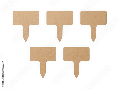 Five small brown cardboard plant markers for garden pots and herb identification labels