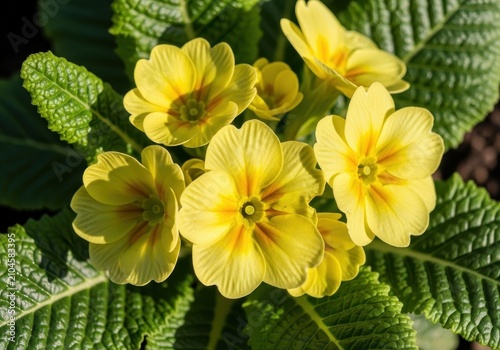 Vibrant yellow primrose flowers blooming profusely in the warm early spring sunlight, showing delicate petals and rich green foliage, wallpaper, yellow, green