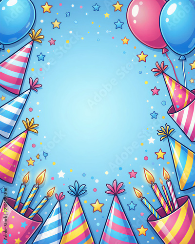 Colorful birthday illustration with party hats, balloons, confetti, and stars on a blue background celebrating a birthday.