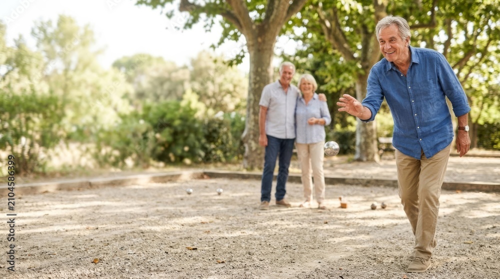 Fototapeta premium Senior man playing pétanque, releasing boule towards target with blurred couple watching in sunny park