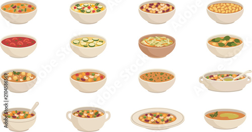 Quadro em tela Set of various soup bowls in flat vector style featuring healthy vegetable and h